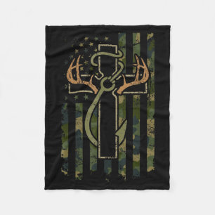 Faith Fishing Hunting Camo Us Flag Cross With Hook Fleece Blanket