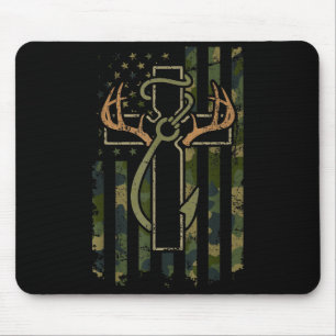 Faith Fishing Hunting Camo Us Flag Cross With Hook Mouse Pad