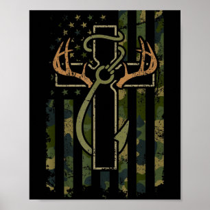 Faith Fishing Hunting Camo Us Flag Cross With Hook Poster