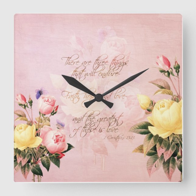 Faith Hope and Love Roses Square Wall Clock (Front)