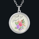 Faith Hope and Love Watercolor Floral Silver Plated Necklace<br><div class="desc">Pretty floral bouquet with faith,  love and hope text.</div>