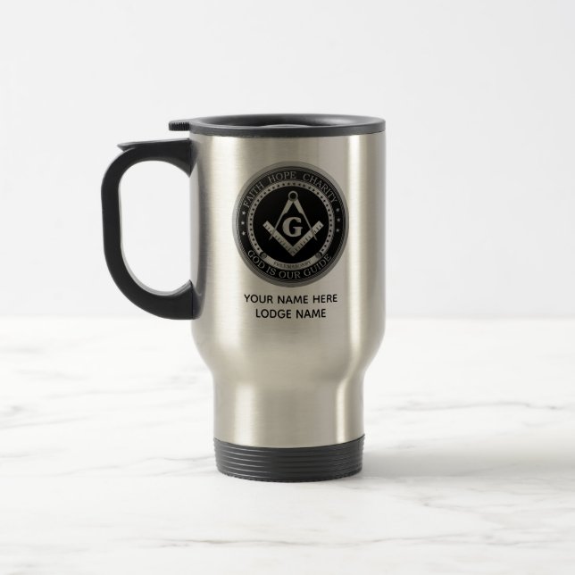 Faith, Hope, Charity Silver Freemason Brotherhood  Travel Mug (Left)