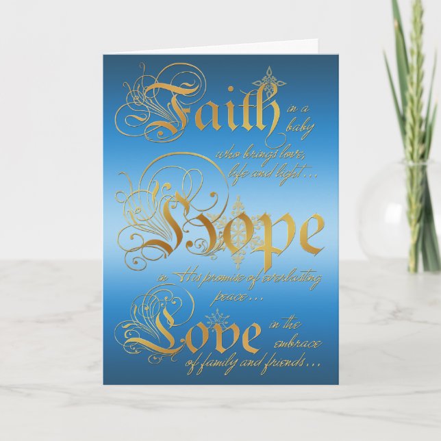 Faith, Hope, Love Blue and Gold Christmas Card (Front)