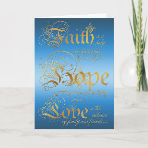 Faith, Hope, Love Blue and Gold Christmas Card