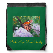 "Faith. Hope. Love. Charity."  Backpack