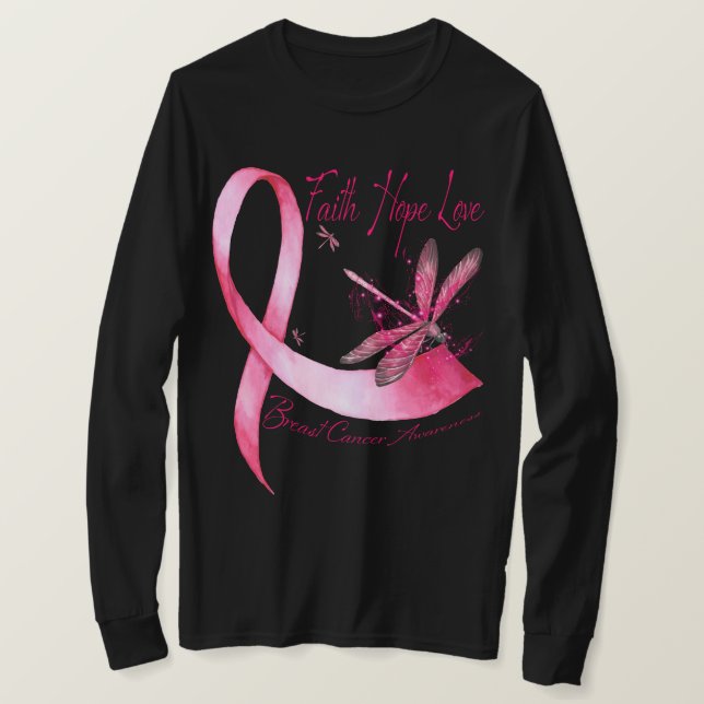 Faith Hope Love Dragonfly Pink Ribbon Breast Cance T-Shirt (Design Front)