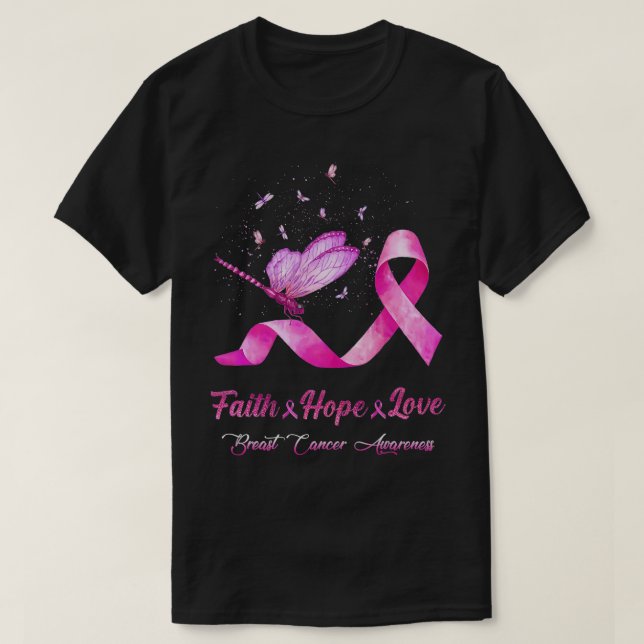 Faith Hope Love Dragonfly Ribbon Breast Cancer Awa T-Shirt (Design Front)