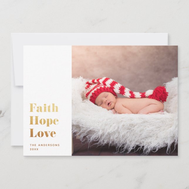 Faith Hope Love. Gold Christmas religious photo Holiday Card (Front)