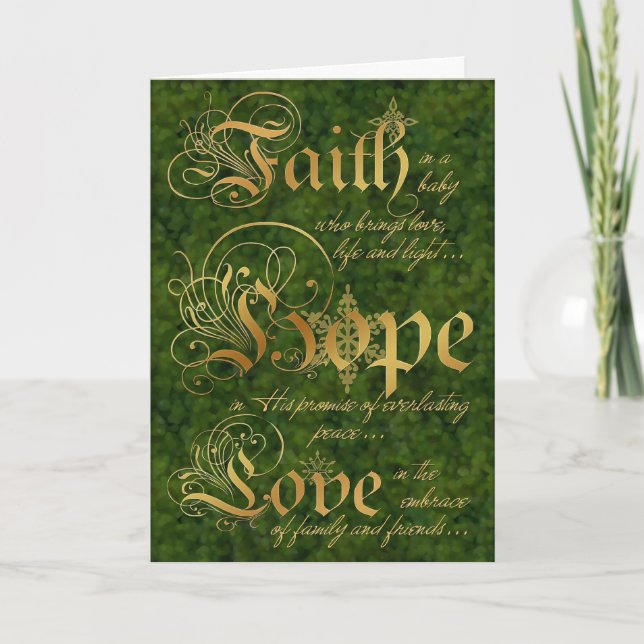Faith, Hope, Love Green and Gold Christmas Card (Front)