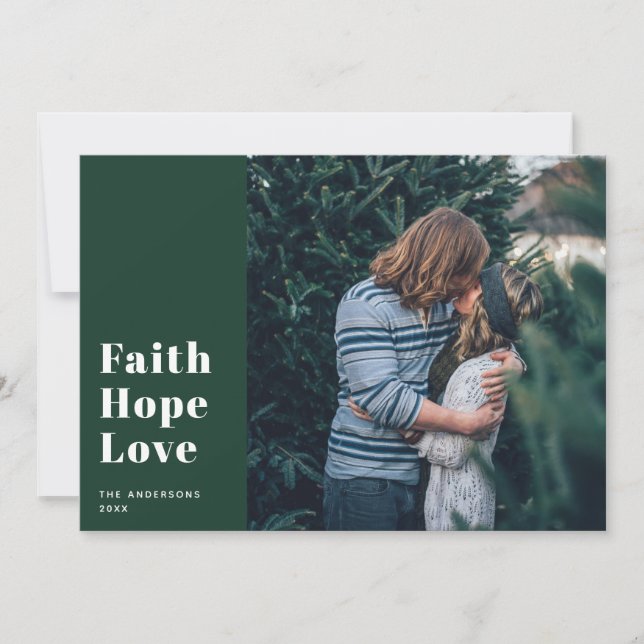 Faith Hope Love. Green Christmas religious photo Holiday Card (Front)