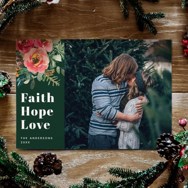 Faith Hope Love | Green Religious Christmas Photo Holiday Card (Creator Uploaded)
