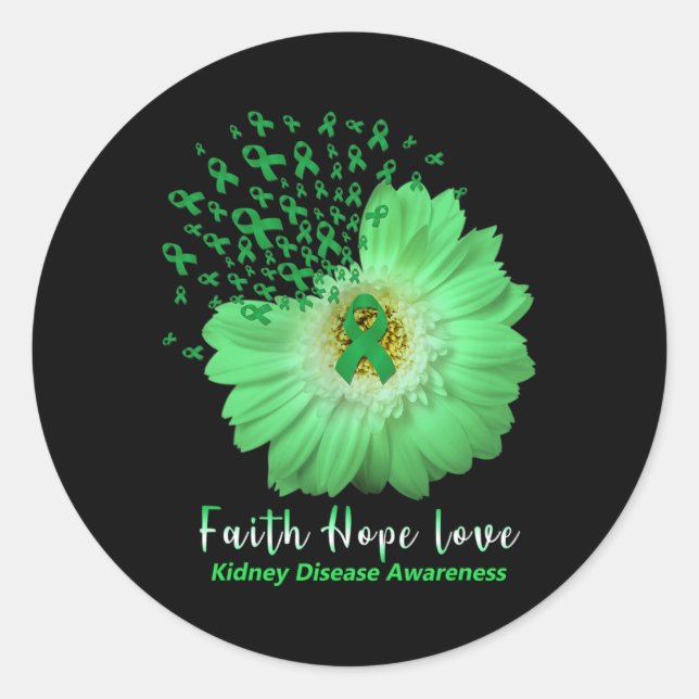 Faith Hope Love Kidney Disease Awareness Green Rib Classic Round Sticker (Front)