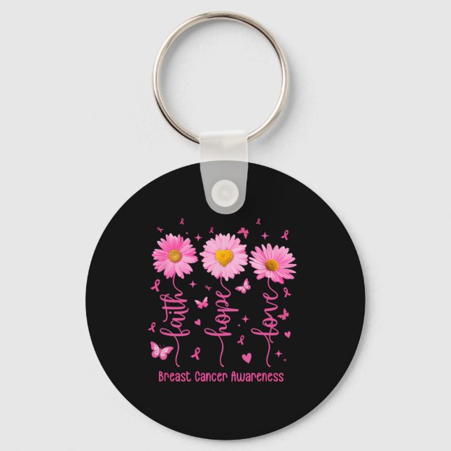 Faith Hope Love Pink Ribbon Breast Cancer Awarenes Key Ring (Front)