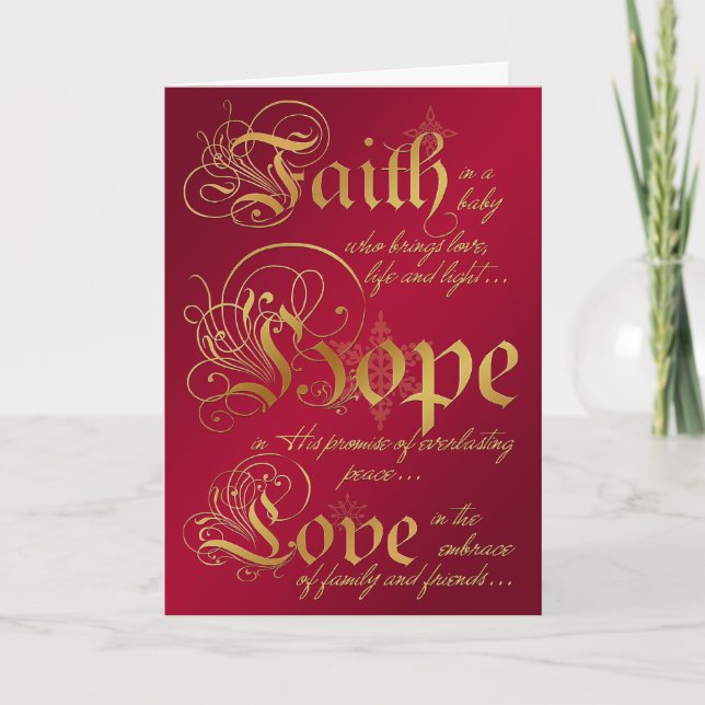 Faith, Hope, Love Red and Gold Christmas Card (Front)