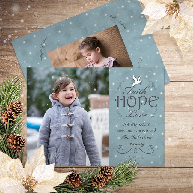 Faith Hope Love Snowflakes | Peace Dove Photo Holiday Card (Wishing you and your family a blessed Christmas with this "Faith, Hope and Love" holiday photo card.)