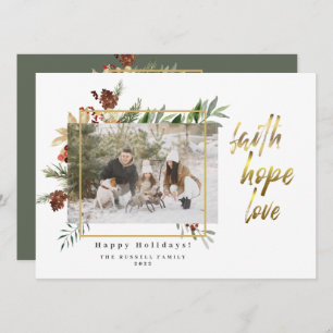 Faith Hope Love Three Photo Floral Christmas Holiday Card