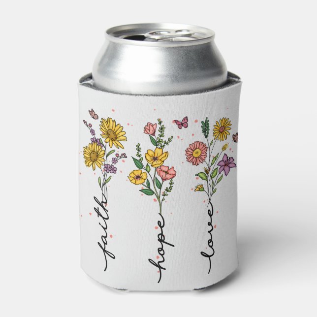 Faith, Hope, Love – Vibrant Floral Inspirational Can Cooler (Can Front)