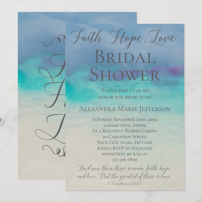 Faith Hope Love Watercolor Elegant Bridal Shower Invitation (Front/Back)