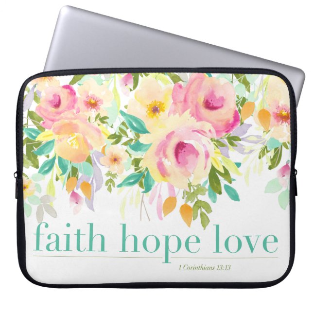 Faith Hope Love | Watercolor Floral Laptop Sleeve (Front)