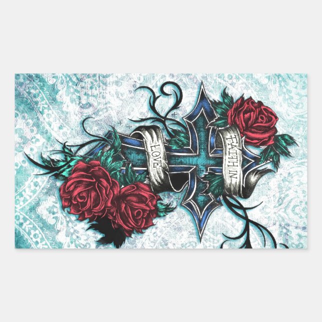 Faith in Love Roses and cross art on blue base Rectangular Sticker (Front)