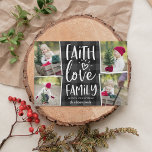 Faith Love Family | Christmas Photo Collage Holiday Card<br><div class="desc">Rustic and festive holiday photo card features four photos in a collage layout,  with "faith,  love,  family" in white hand lettered typography on a handpainted grey and black buffalo plaid background. Personalise with your names beneath.</div>