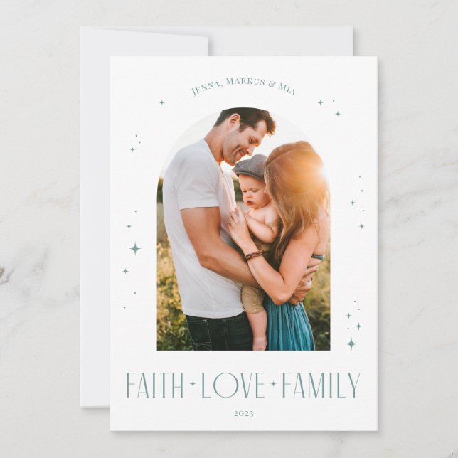Faith Love Family Modern Arch Christmas Blue Holiday Card (Front)