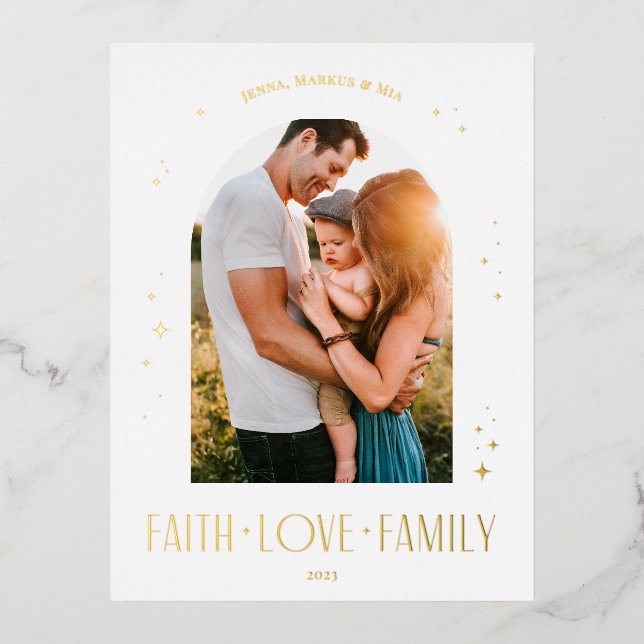 Faith Love Family Modern Arch Christmas Design Foil Holiday Postcard (Front)