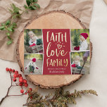 Faith Love Family | Photo Collage<br><div class="desc">Rustic and festive holiday photo card features four photos in a collage layout,  with "faith,  love,  family" in gold foil hand lettered typography on a cranberry red background. Personalise with your names beneath.</div>