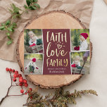 Faith Love Family | Photo Collage<br><div class="desc">Rustic and festive holiday photo card features four photos in a collage layout,  with "faith,  love,  family" in gold foil hand lettered typography on a dark plum background. Personalise with your names beneath.</div>