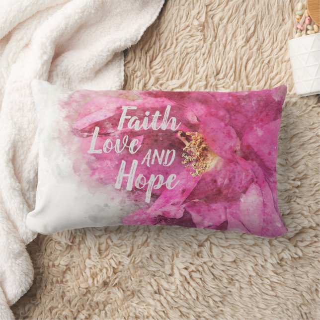 Faith Love & Hope Pink Floral Lumbar Cushion (Blanket)
