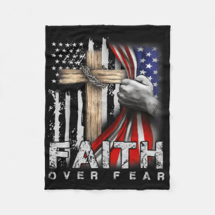 Faith Over Fear America Pride Us Flag Jesus Christ Fleece Blanket