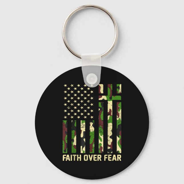 Faith Over Fear Christian Americn Flag Camouflage  Key Ring (Front)