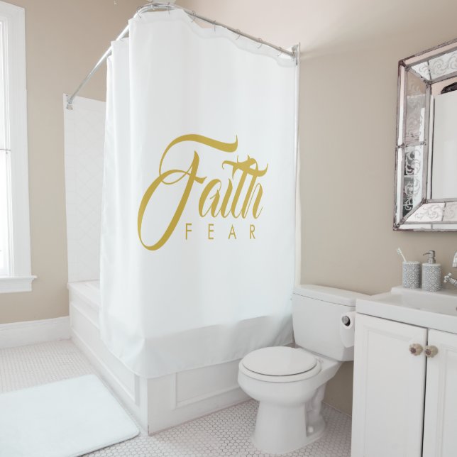Faith Over Fear Gold and White Shower Curtain (In Situ)
