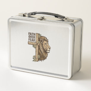 Faith Over Fear Lion Cross Vintage Christian Shirt Metal Lunch Box