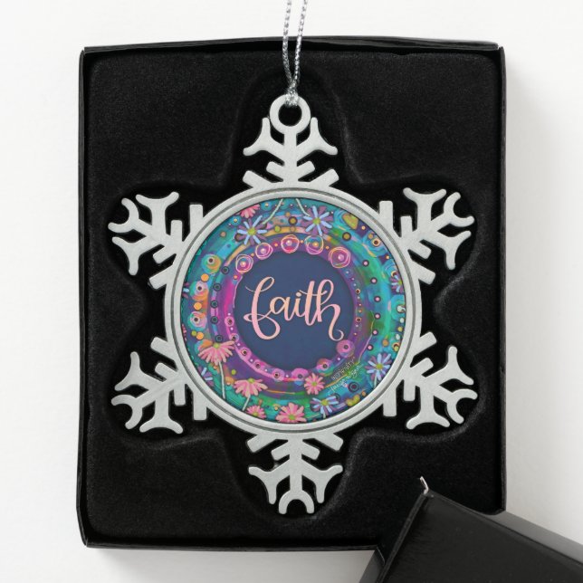 Faith Pink Blue Floral Pretty Inspirivity Snowflake Pewter Christmas Ornament (Box)