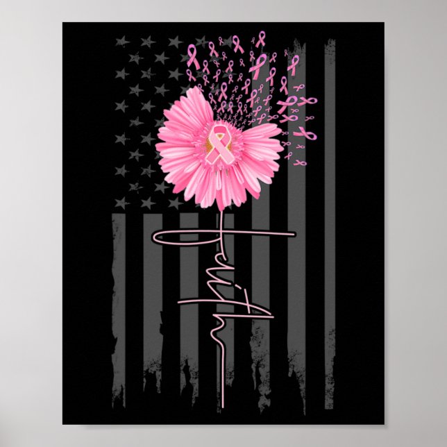 Faith Pink Ribbon Daisy Flower American Flag Breas Poster (Front)