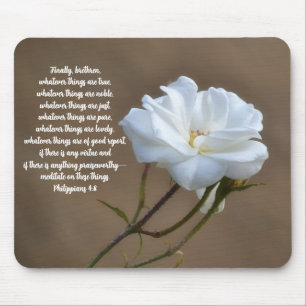 Faith Pure White Rose Philippians 4:8 Bible Verse Mouse Pad