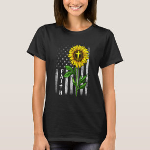 Faith Sunflower Usa American Flag Cross Christian T-Shirt