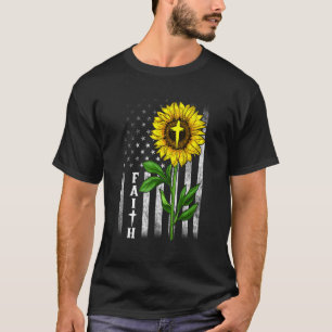 Faith Sunflower Usa American Flag Cross Christian T-Shirt