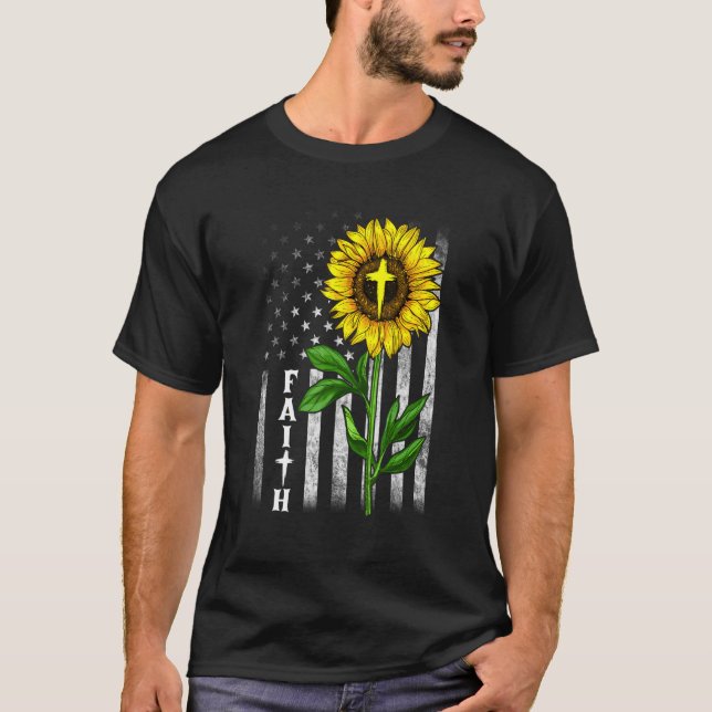 Faith Sunflower Usa American Flag Cross Christian T-Shirt (Front)