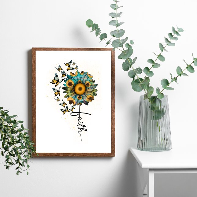 Faith Sunflowers Butterflies Christian Religious Poster (Faith butterflies Sunflowers Wall Art. Digital and Printed. )