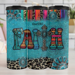 Faith: Turquoise, Leopard, Patterned Thermal Tumbler