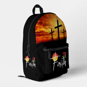 Faith White Typography With Rose And Cross Printed Backpack