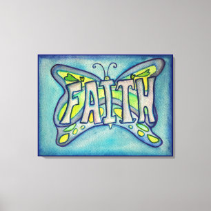 Faith Word Blue Butterfly Painting Canvas Artwork Print