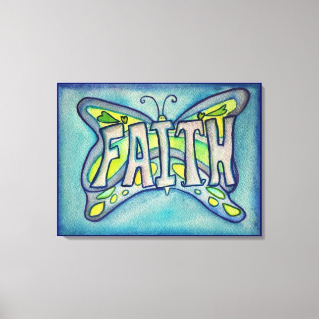 Faith Word Blue Butterfly Painting Canvas Artwork Print (Front)