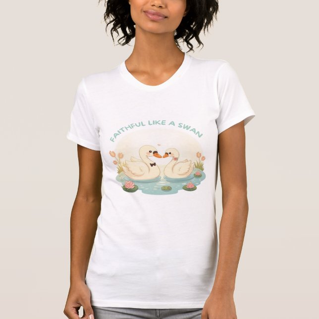 Faithful Like a Swan – Cute Swan Couple Illustrati T-Shirt (Front)