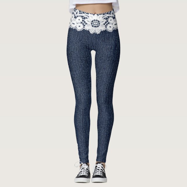 Fake Blue Jeans White Lace Denim Leggings (Front)