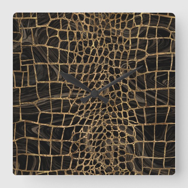 Fake Crocodile Black Liquid Marble and gold Square Wall Clock (Front)