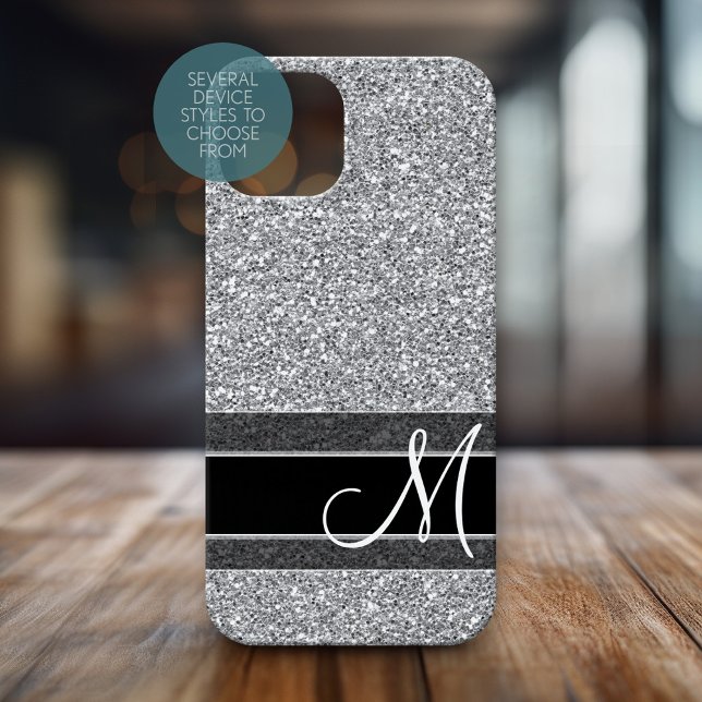 Fake Glitter Pattern Bling Monogram Silver Black (Personalized Phone Case with Monogram)