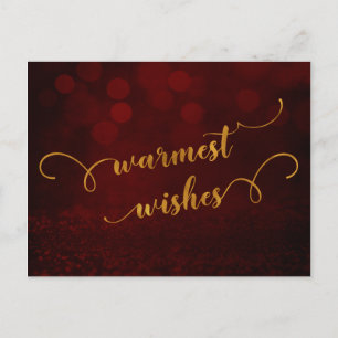 Fake Gold Typography "Warmest Wishes" Over Red Holiday Postcard